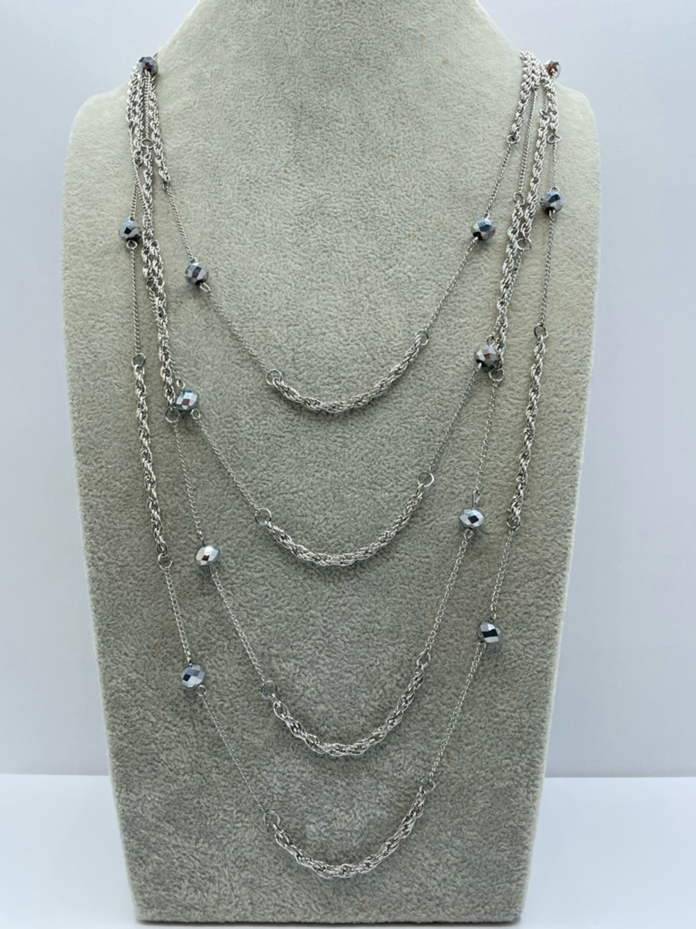 Silver Tone Layered Chain Necklace Beaded Multi Strand Long
